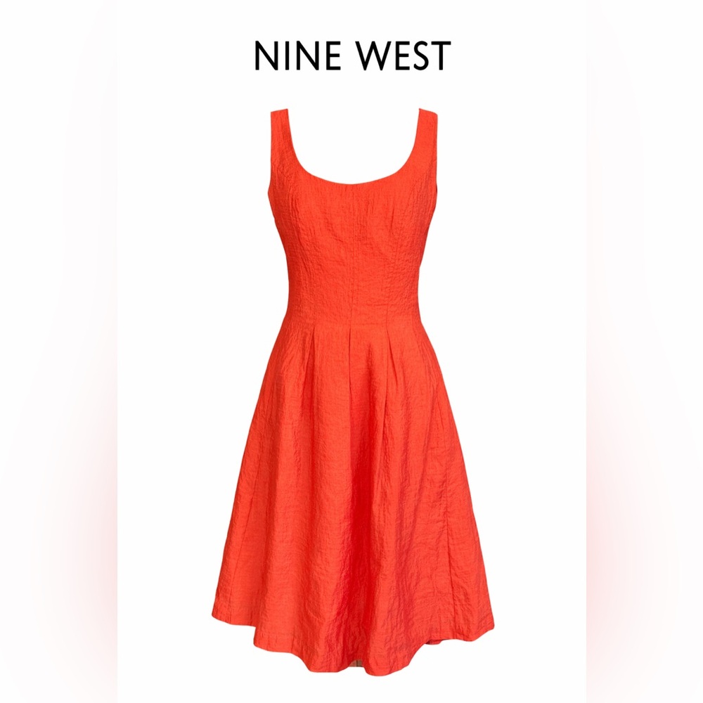 Nine West Vibrant Red Orange Midi Dress light Satin like material.